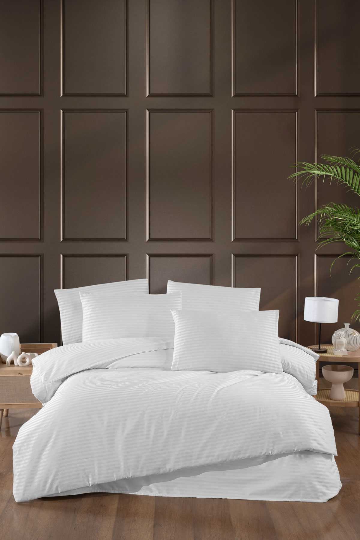 Stripe Saten Line Çift Kişilik Nevresim Takımı Beyaz resmi