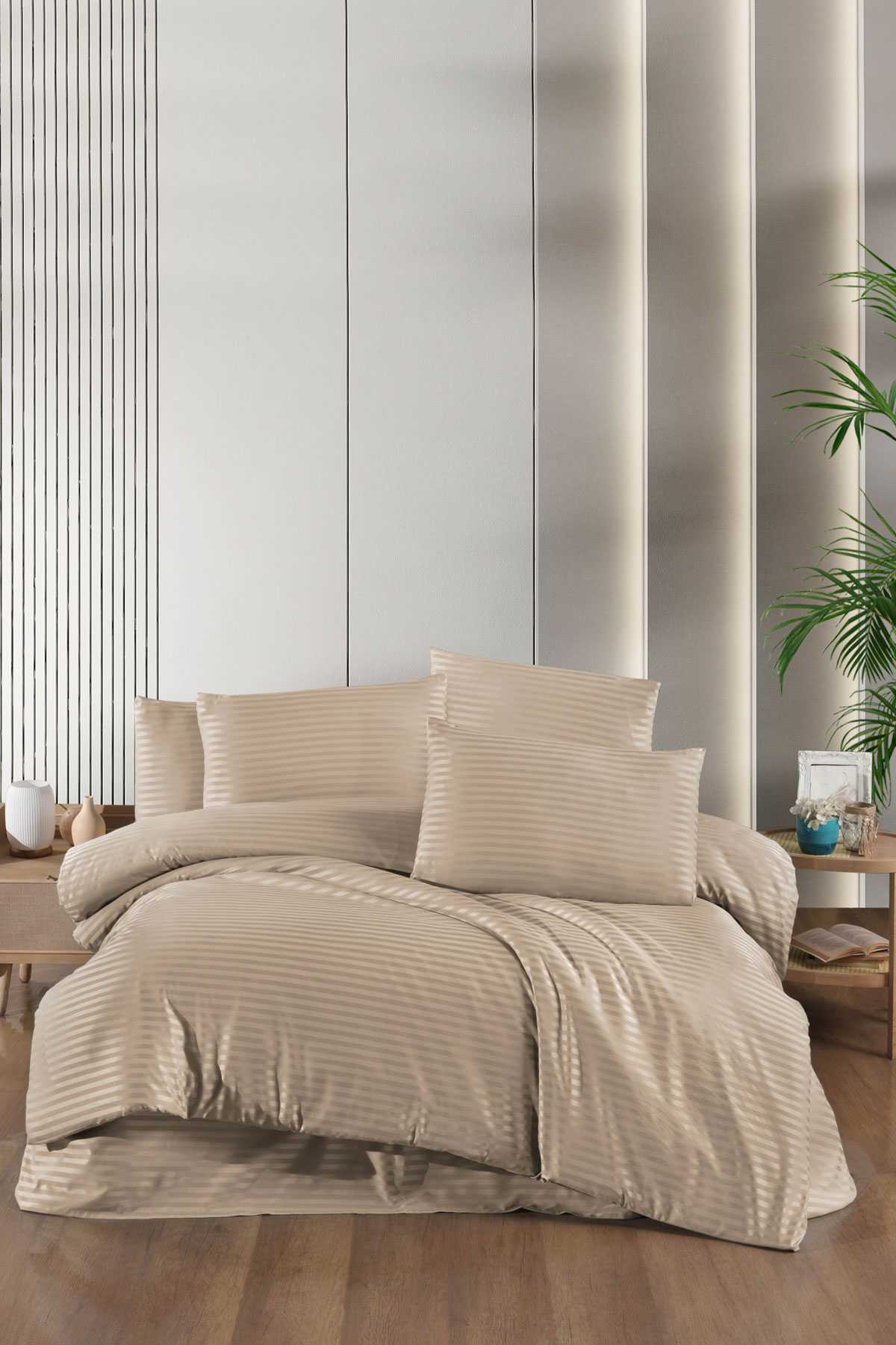 Stripe Saten Line Çift Kişilik Nevresim Takımı Bej resmi
