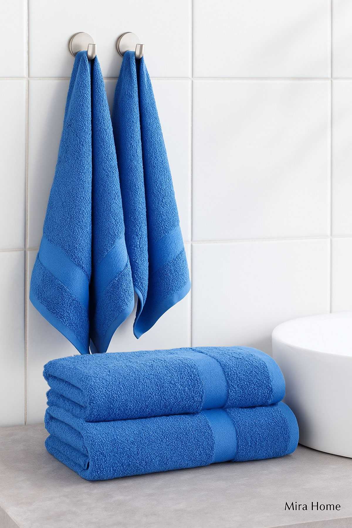 4 Parça Ekonomik Banyo Havlu Takımı %100 Pamuklu Quickdry Mavi Mavi resmi