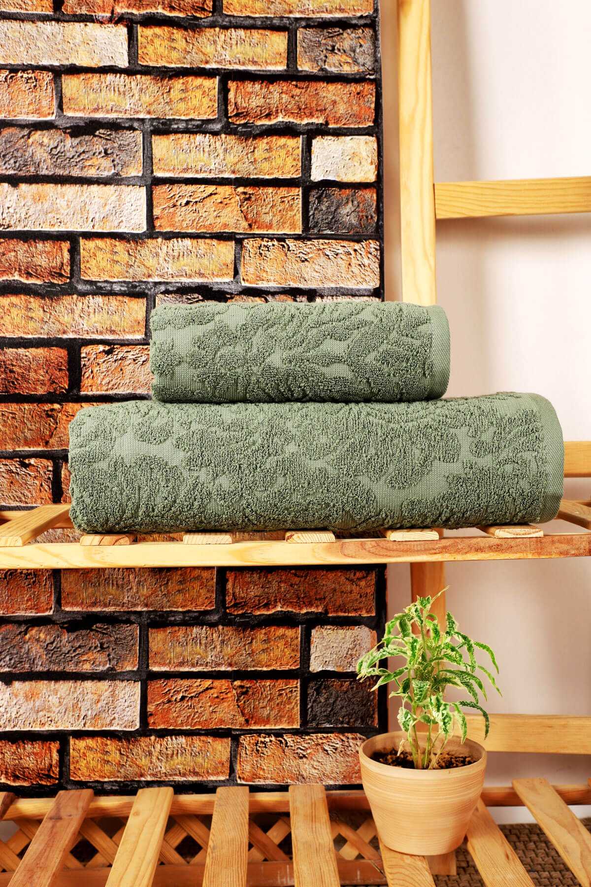 Mira Home 2 Parça Jakarlı Banyo Havlu Takımı Doku Desen Yeşil resmi