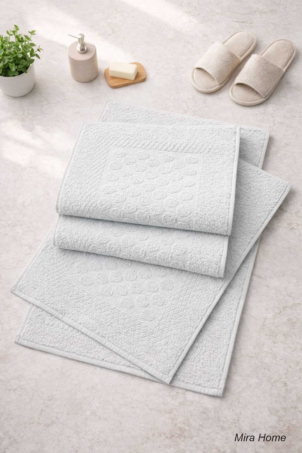 3lü Pamuklu Ayak Havlusu Seti Kabartma Desenli 50x70 Cm Açık Gri resmi