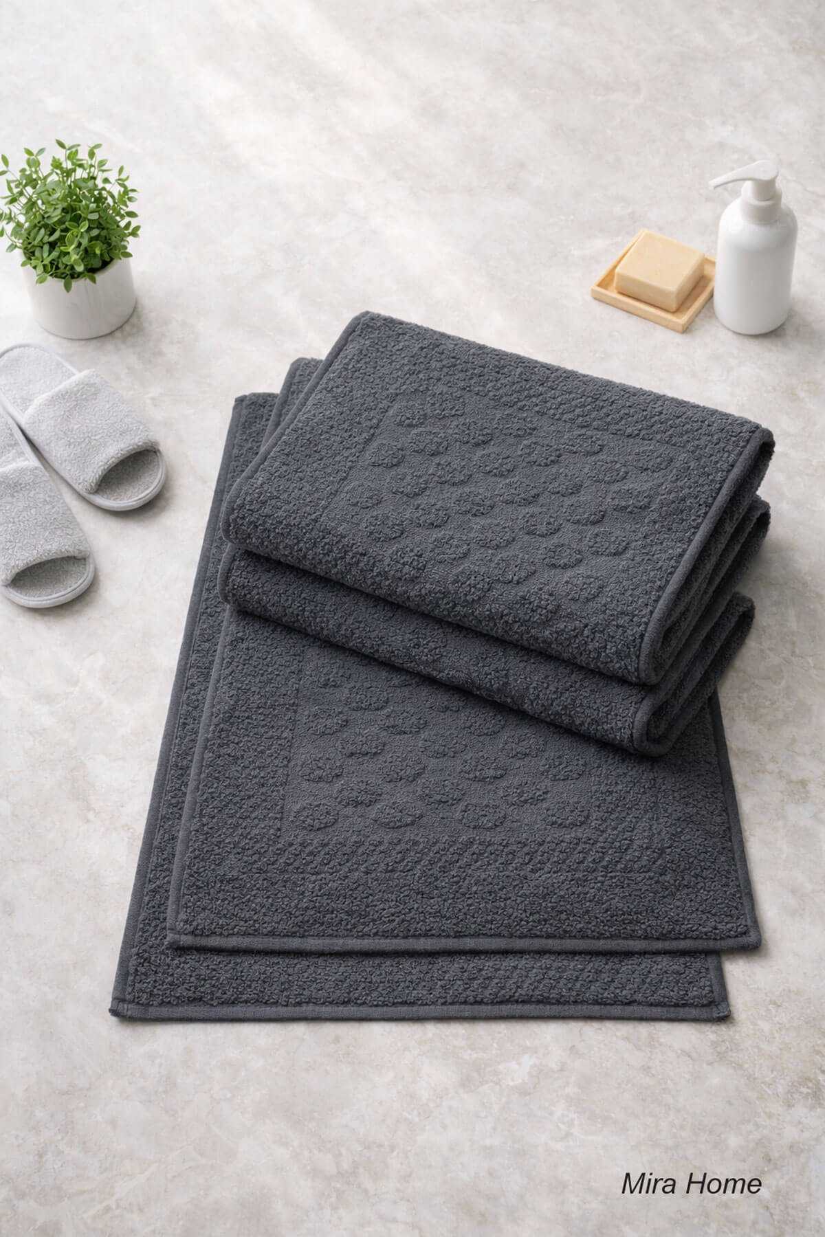 3lü Pamuklu Ayak Havlusu Seti Kabartma Desenli 50x70 Cm Antrasit resmi