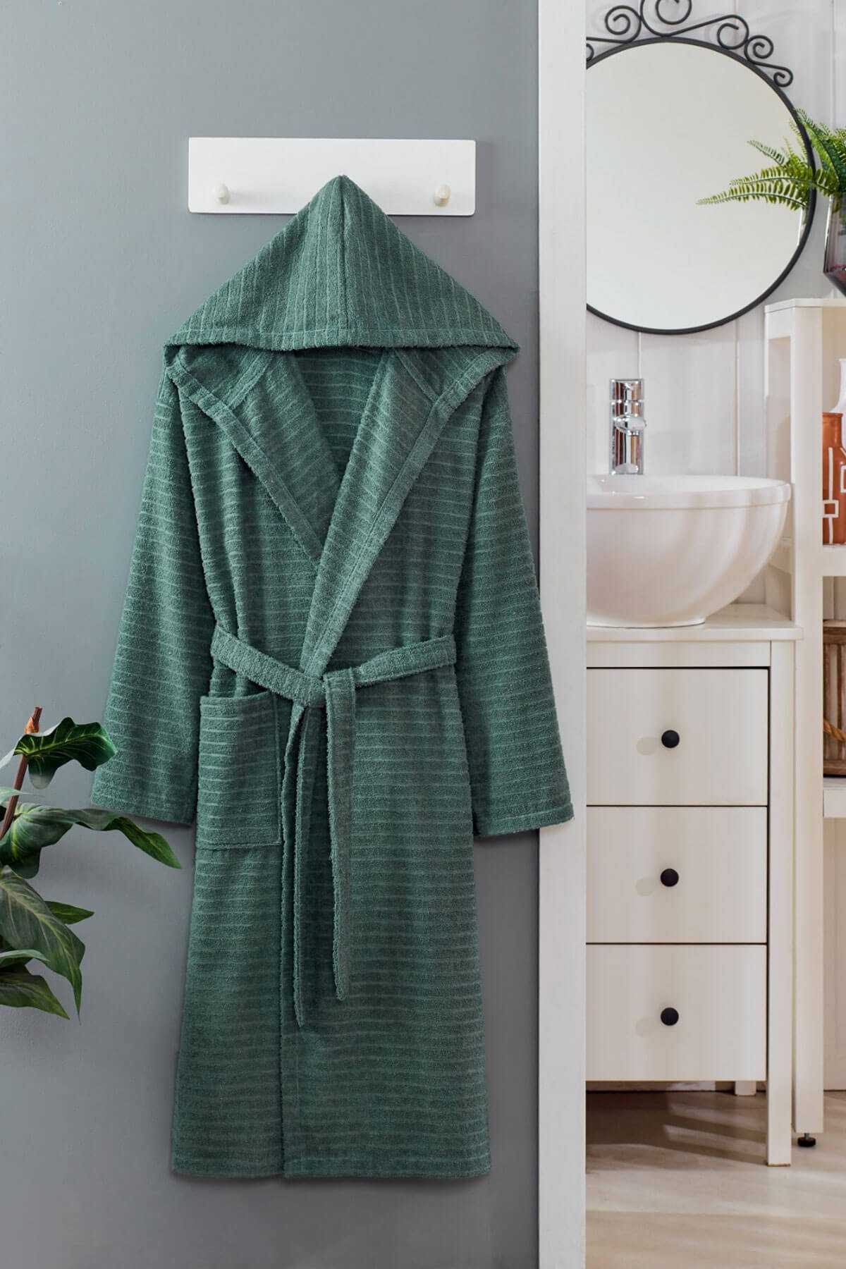 Kapüşonlu Unisex Banyo Bornozu %100 Soft Pamuklu Yeşil resmi