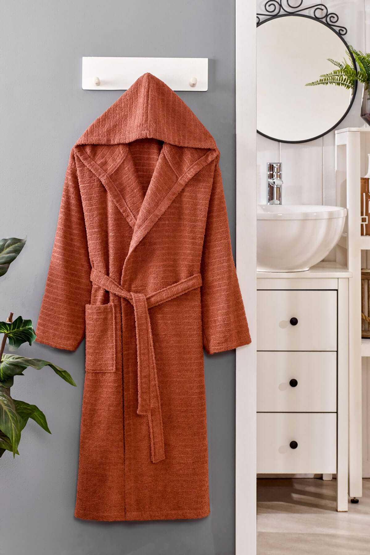Kapüşonlu Unisex Banyo Bornozu %100 Soft Pamuklu Kahve resmi