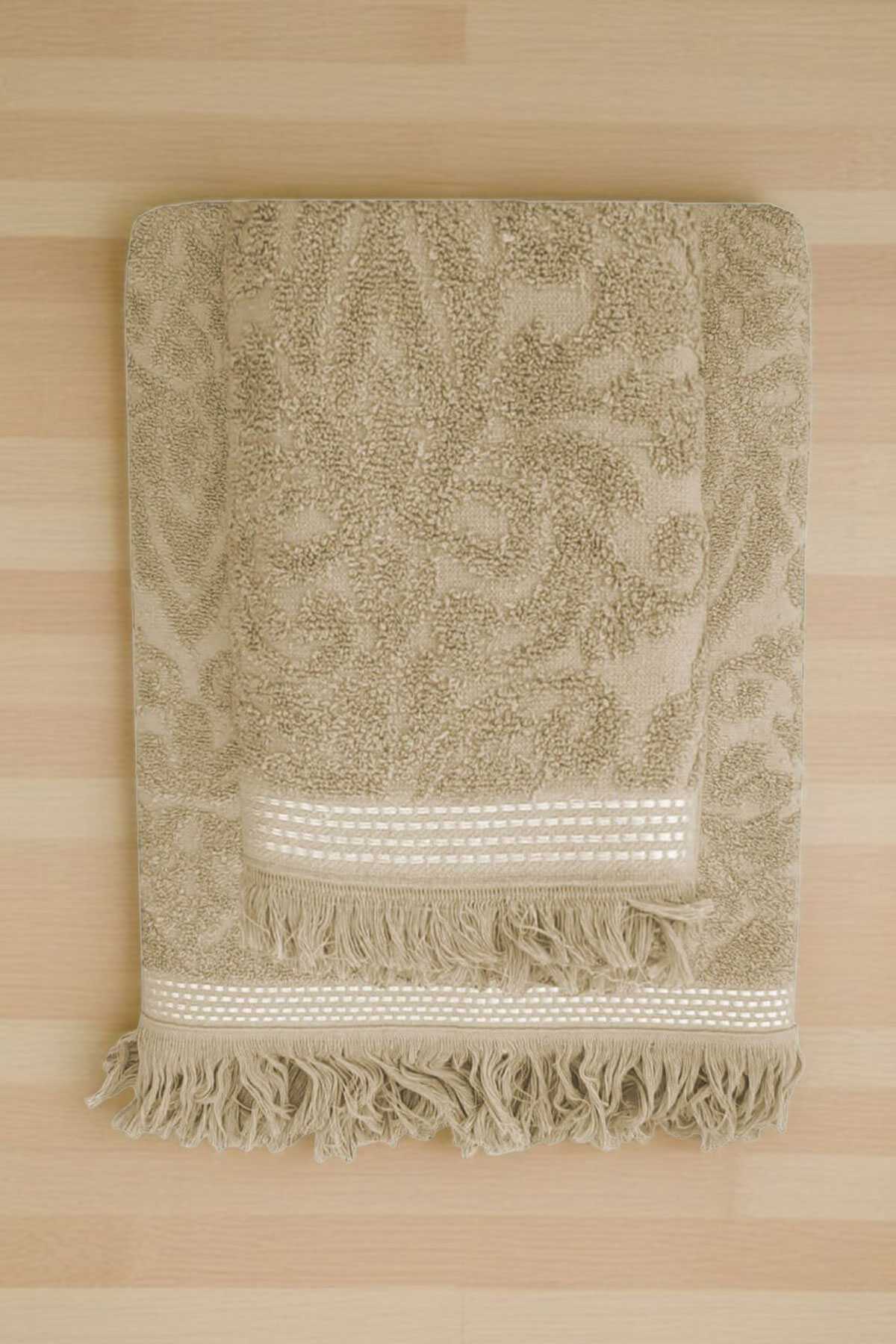 2 Parça Jakarlı Banyo Havlu Takımı %100 Pamuklu 90x150 Cm Arden Bej resmi