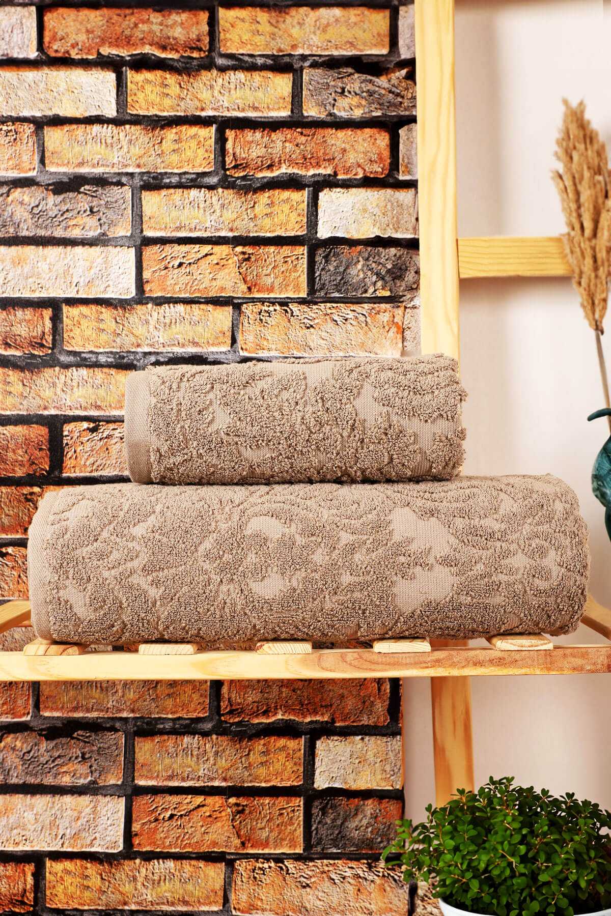 Mira Home 2 Parça Jakarlı Banyo Havlu Takımı Doku Desen Kahve resmi
