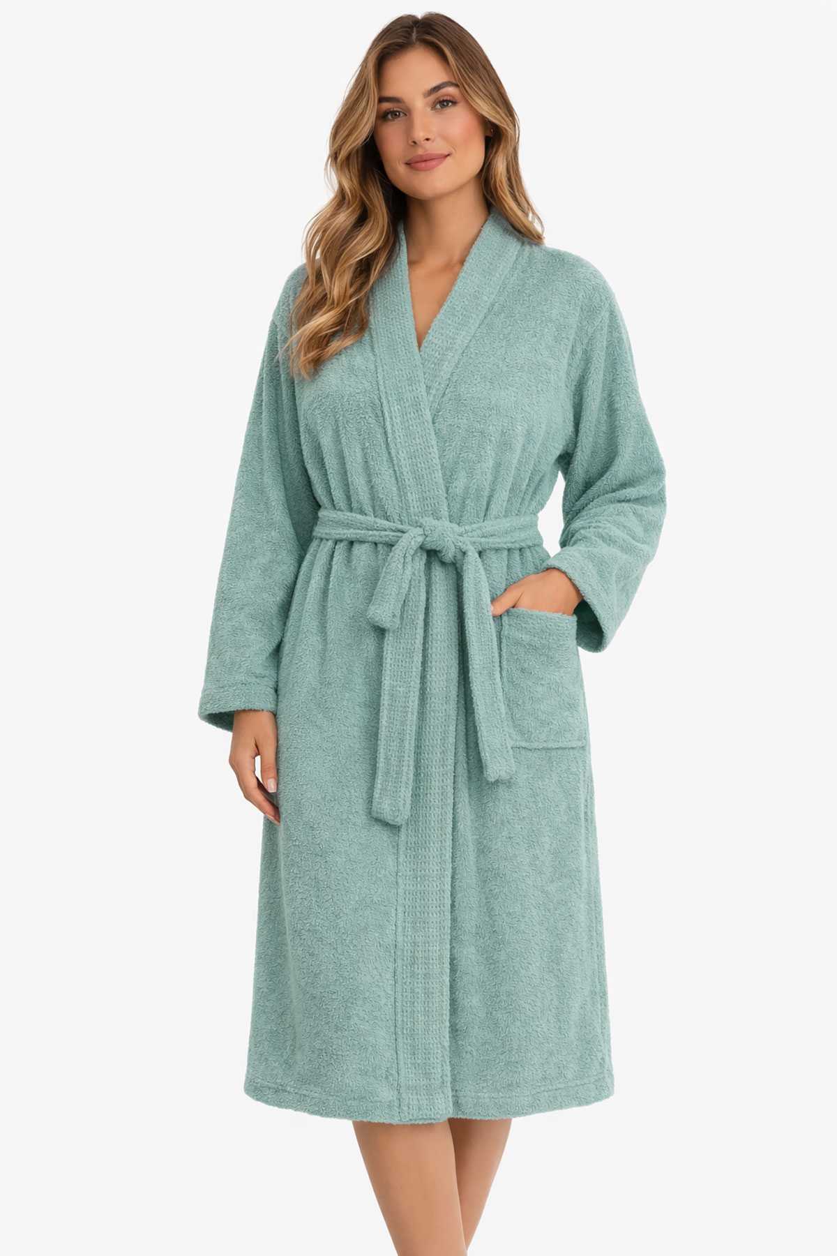 Kimono Yaka Unisex Pamuklu Tek Kişilik Bornoz  Yeşil resmi