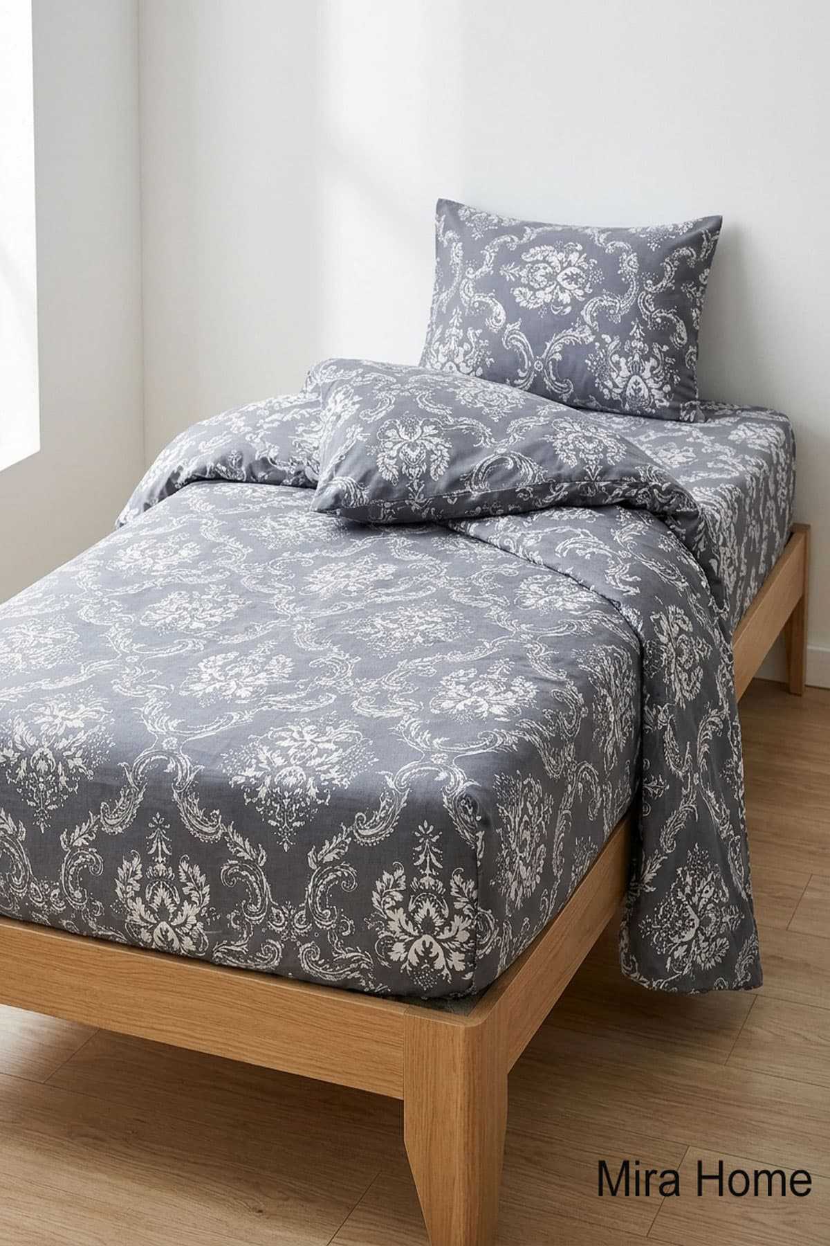 Vintage Desen Pamuklu Lastikli Çarşaflı Tek Kişilik Nevresim Takımı  Gri 100x200 Cm resmi
