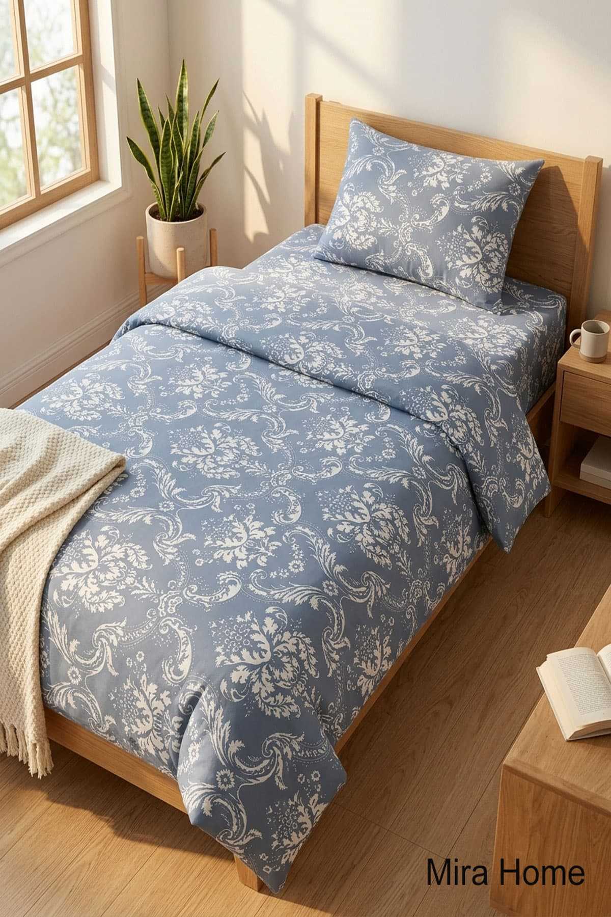 Vintage Desen Pamuklu Lastikli Çarşaflı Tek Kişilik Nevresim Takımı Mavi 100x200 Cm resmi