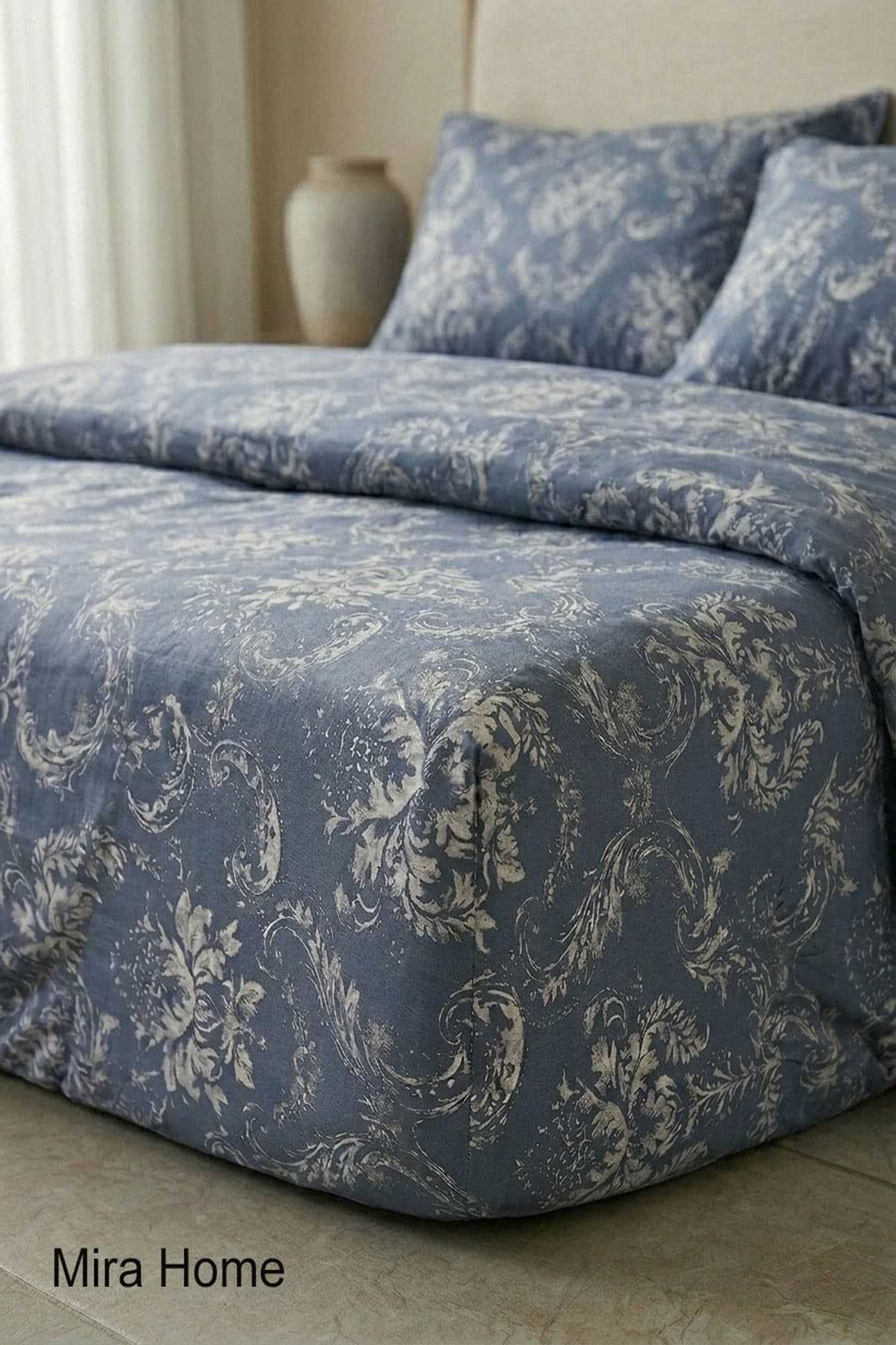 Vintage Desen Pamuklu Lastikli Çarşaflı Çift Kişilik Nevresim Takımı  Mavi 180x200 Cm resmi