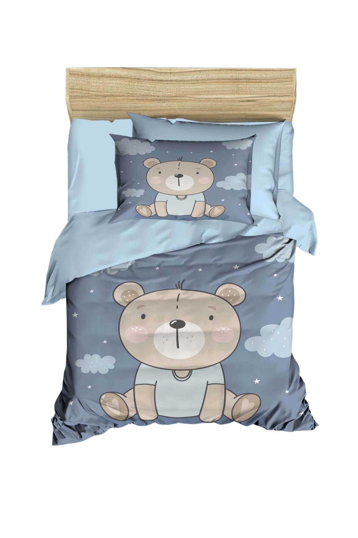 Dijital Baskılı 3d Pamuklu Yenidoğan Bebek Nevresim Takımı Blue Bear resmi