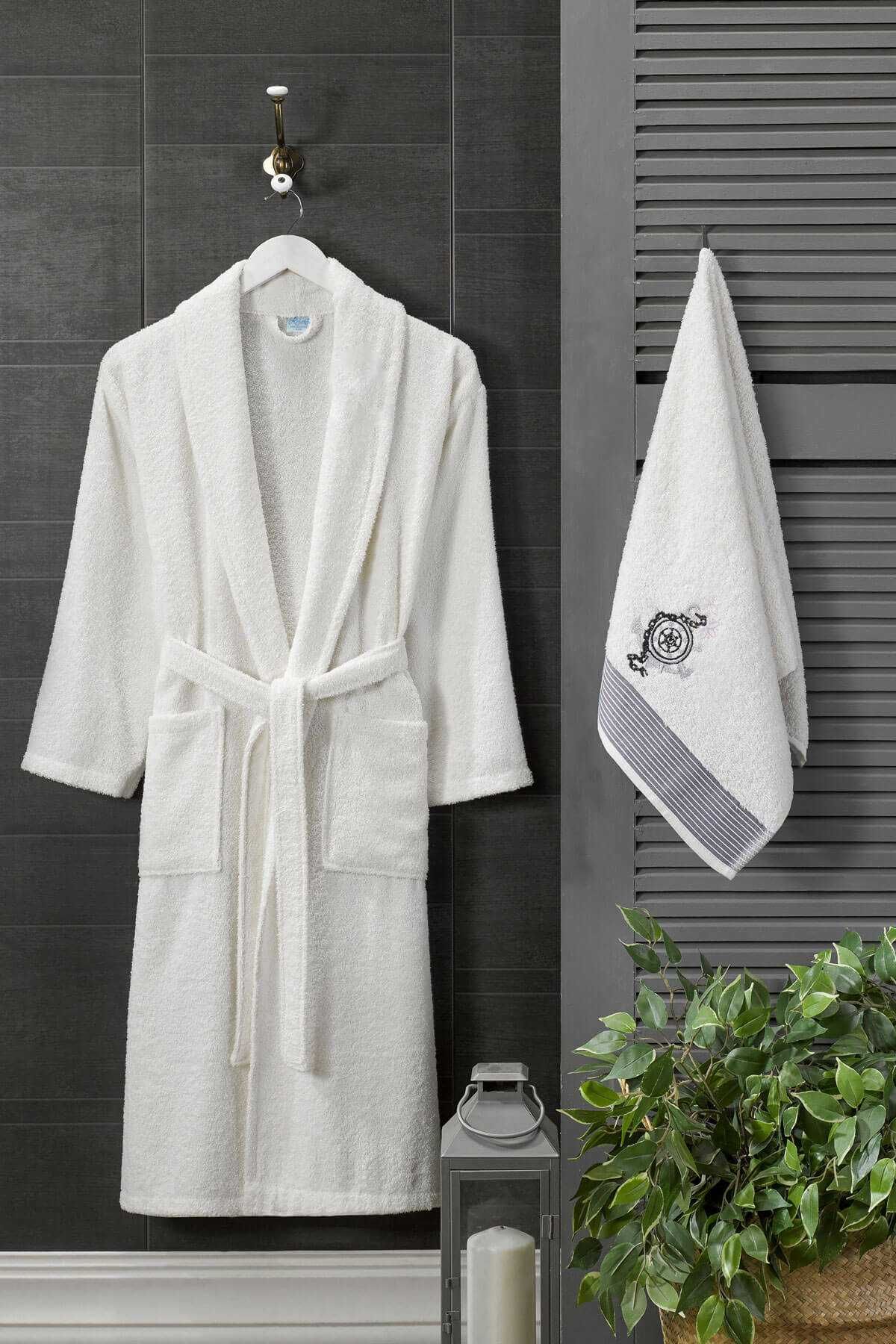 Erkek Havlulu Banyo Bornoz Takımı %100 Pamuklu Beyaz resmi