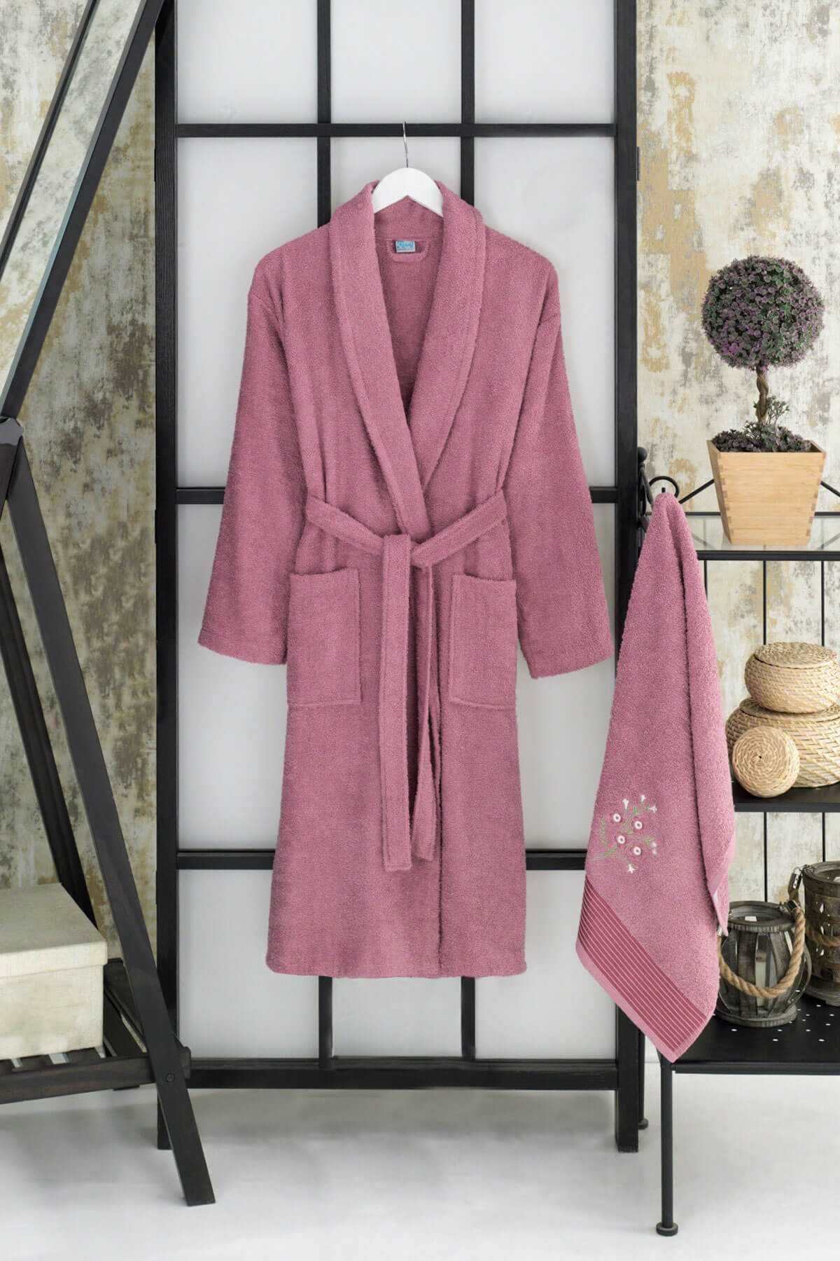Kadın Havlulu Banyo Bornoz Takımı %100 Pamuklu Mürdüm resmi